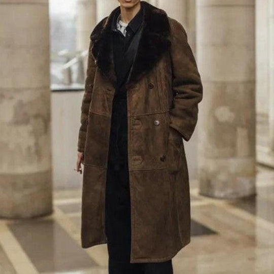 Men's Classic Retro Casual Quilted Fur Collar Suede Long Coat 9261109117112