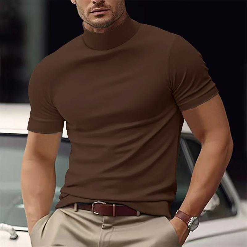 Men's Solid Color Half Turtle Neck Slim Fit Short Sleeve T-Shirt Dtt25081917
