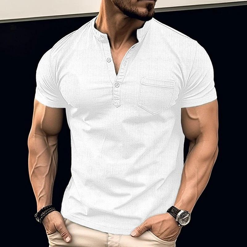 Men's Casual Solid Color Chest Pocket Stand Collar Short Sleeve Henley T-Shirt 9261124288696