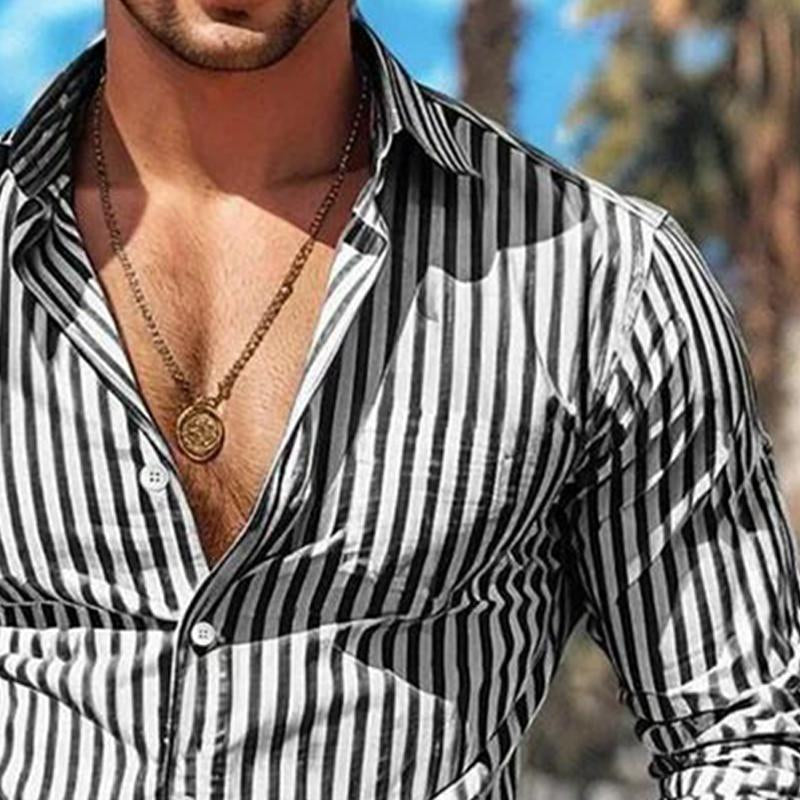 Men's Casual Striped Long Sleeve Lapel Shirt 9885320642744