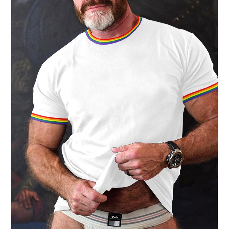 Men's Rainbow Stripe Patchwork Round Neck Short Sleeve T-Shirt 9261127073976