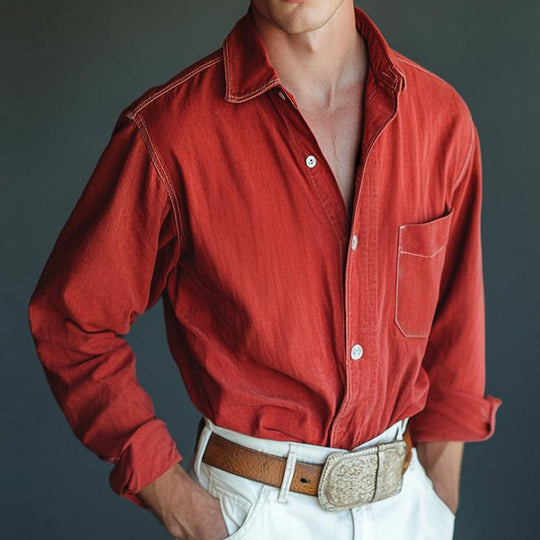 Men's Retro Casual Cowboy Pocket Lapel Long Sleeve Shirt 9884642410680