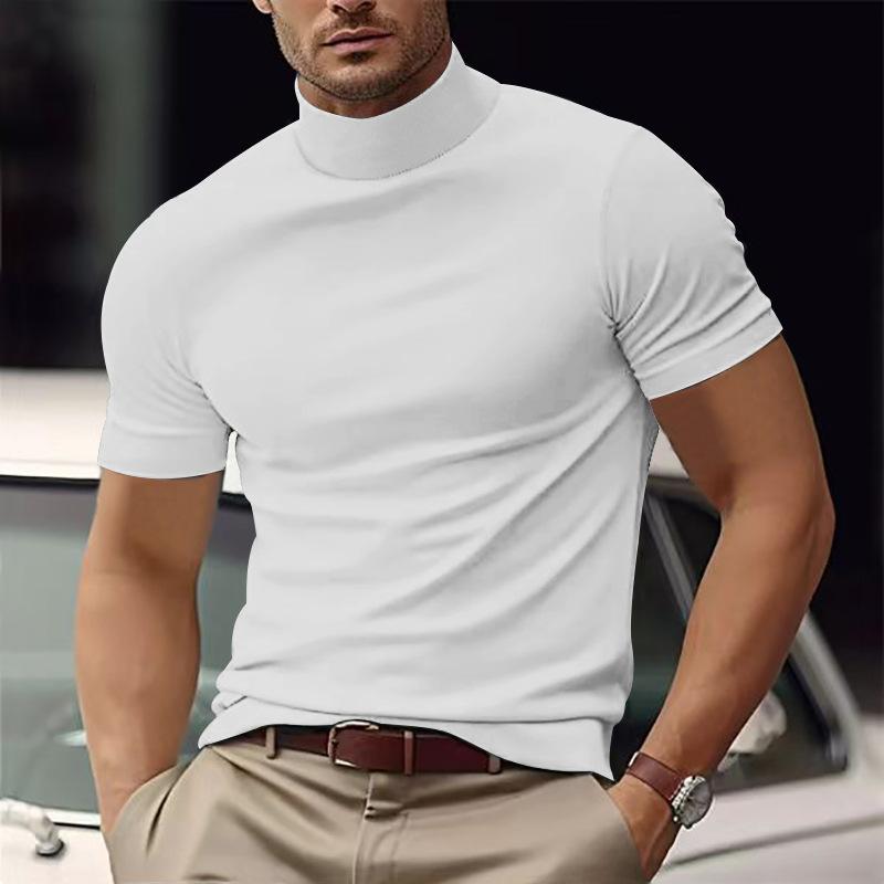 Men's Solid Color Half Turtle Neck Slim Fit Short Sleeve T-Shirt Dtt25081917