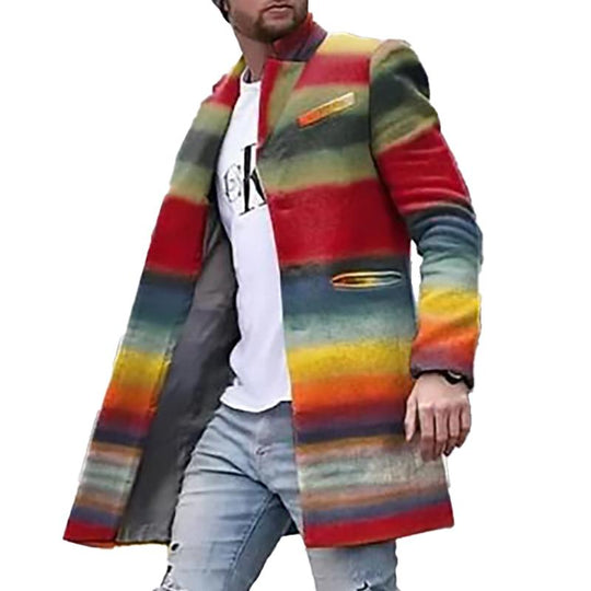 Men's Retro Rainbow Print Stand Collar Mid-Length Coat 9261106233528