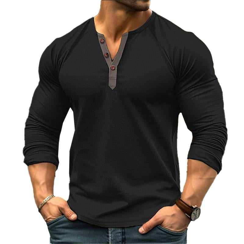 Men's Contrast Henley Neck Long Sleeve T-Shirt 9887382962360