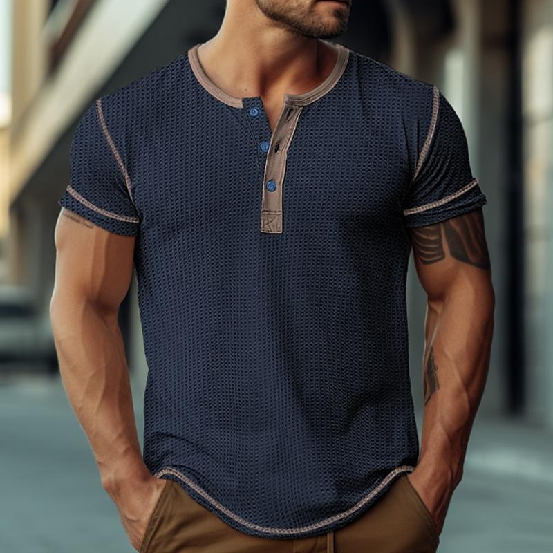Men's Waffle Henley Collar Color Block Short Sleeves T-shirt 9261124223160