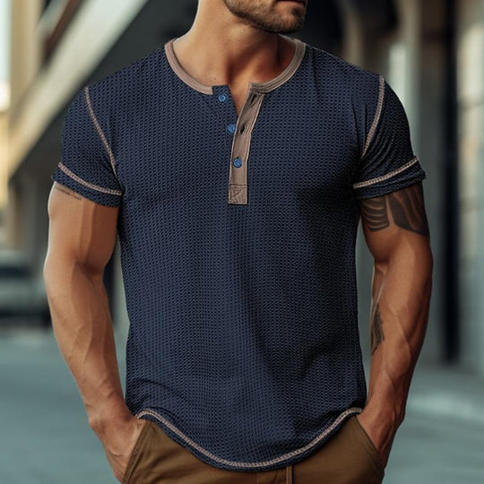 Men's Waffle Henley Collar Color Block Short Sleeves T-shirt 9261124223160