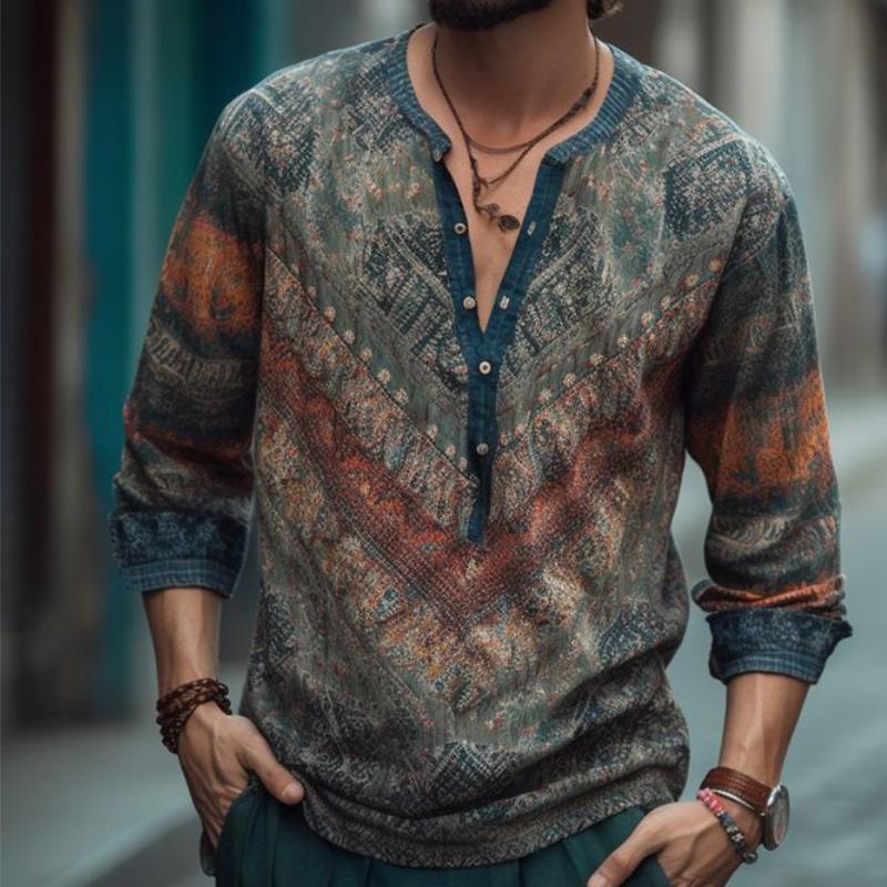 Men's Vintage Casual Printed Henley Collar Long Sleeve Shirt 9886819713208