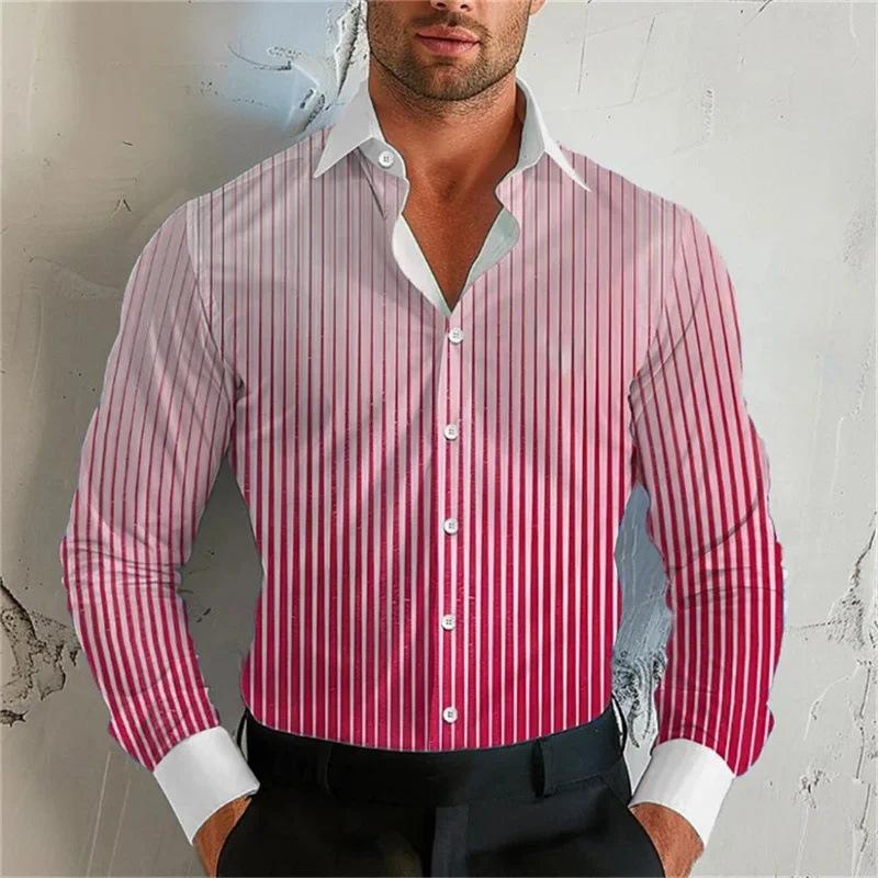 Men's Gradient Striped Lapel Long Sleeve Shirt 9261807861944