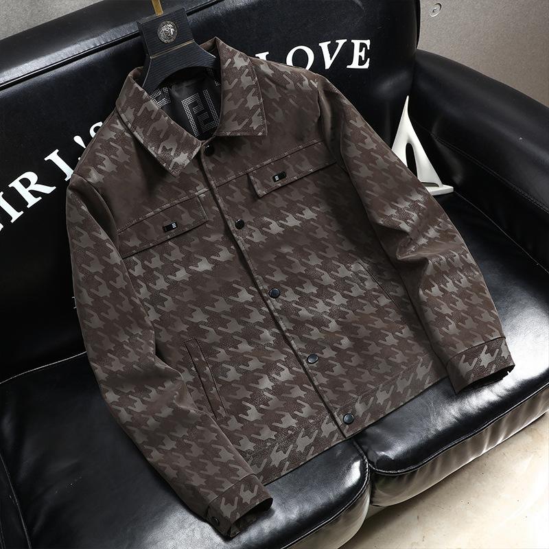 Men's Lapel Plaid Leather Jacket 9261096829112