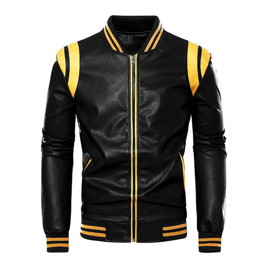 Men's Casual Color Contrasting Plush Leather Baseball Jacket 9261083295928