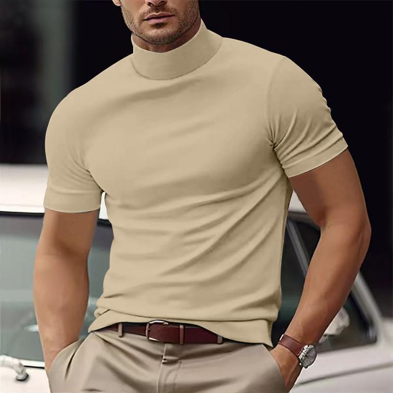 Men's Solid Color Half Turtle Neck Slim Fit Short Sleeve T-Shirt Dtt25081917