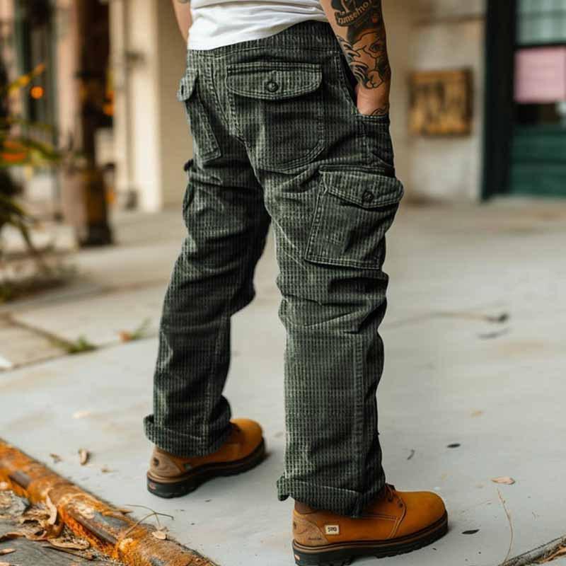 Men's Solid Corduroy Multi-pocket Straight Cargo Pants 9261766901944