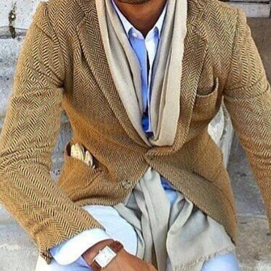 Men's Vintage Herringbone Wool Blend Lapel Single Breasted Blazer DTT25082005