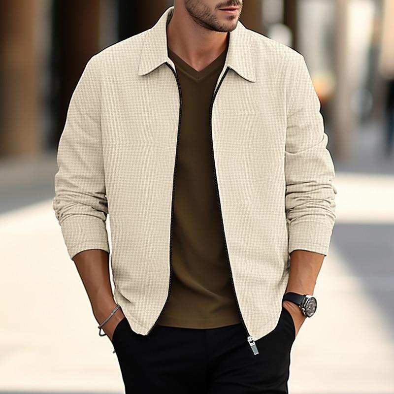 Men's Solid Waffle Lapel Zip-Up Jacket 9887382765752