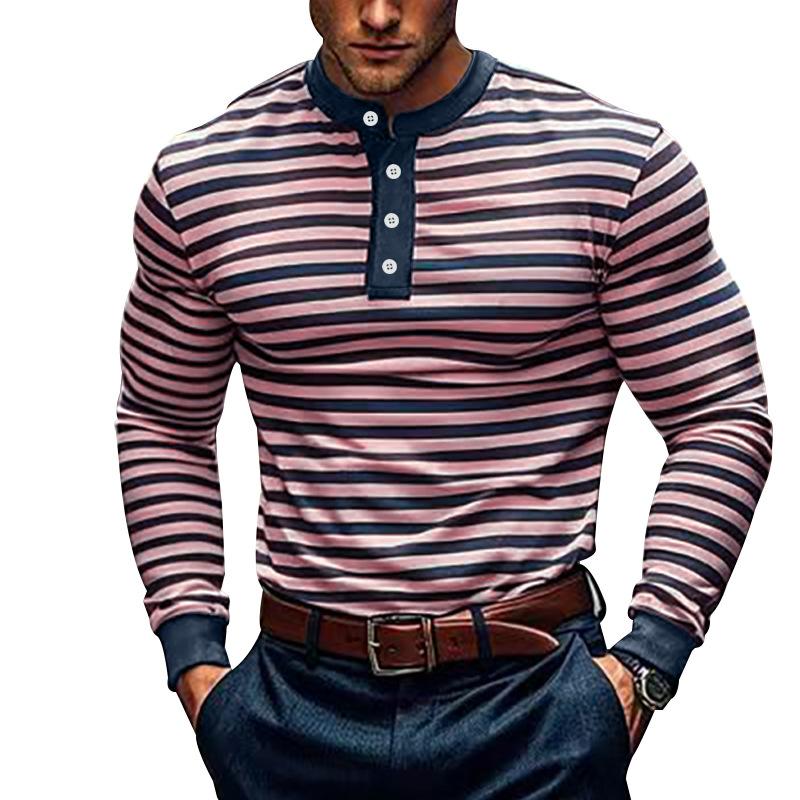 Men's Colorblock Striped Henley Collar Long Sleeve Casual T-shirt 9261135888568
