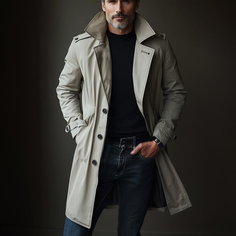 Men's Solid Color Casual Lapel Long Trench Coat 9879142858936