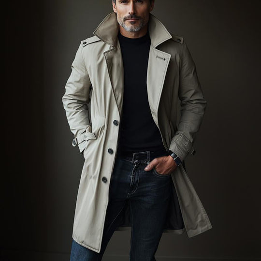 Men's Solid Color Casual Lapel Long Trench Coat 9879142858936