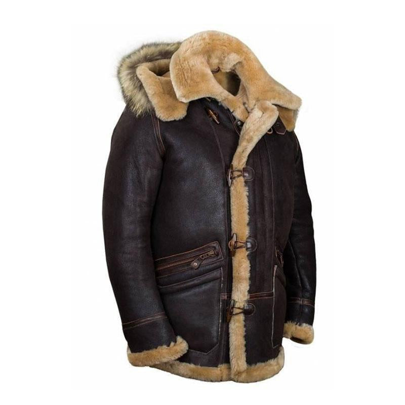 Men's Winter Zip Pocket Hooded Horn Buckle Fur Coat 9261102858424