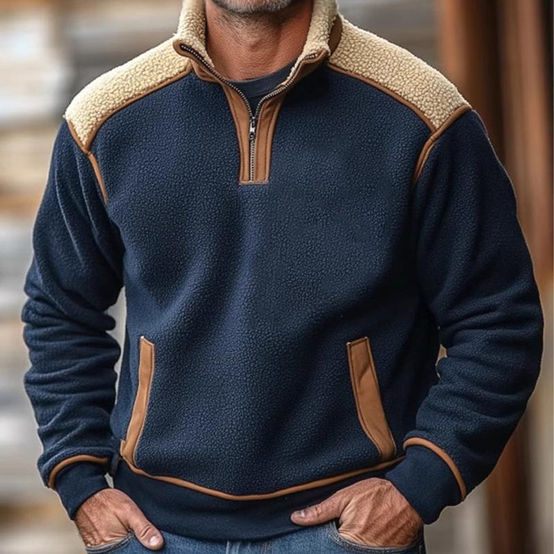 Men's Retro Stand Collar Lambswool Splicing Sweatshirt 9886818140344
