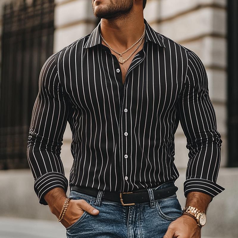 Men's Retro Casual Striped Lapel Long Sleeve Shirt 9880235802808