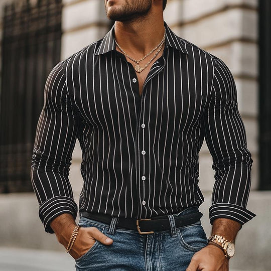 Men's Retro Casual Striped Lapel Long Sleeve Shirt 9880235802808