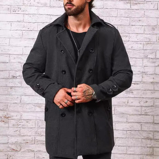 Men's Stylish Solid Color Lapel Mid-length Coat 9261112459448
