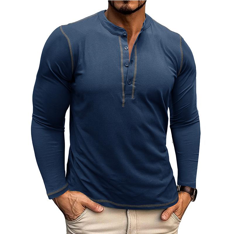 Men's Vintage Contrast Henley Collar Slim Fit Long Sleeve T-Shirt 9261136543928