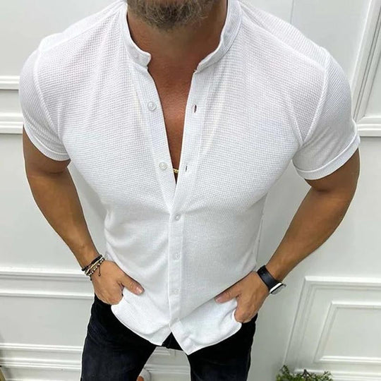 Men's Casual Solid Color Stand Collar Waffle Short Sleeve Shirt 9261780795576