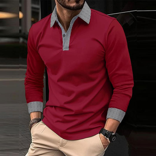 Men's Casual Plaid Patchwork Long-Sleeved Polo Shirt DTT25082009