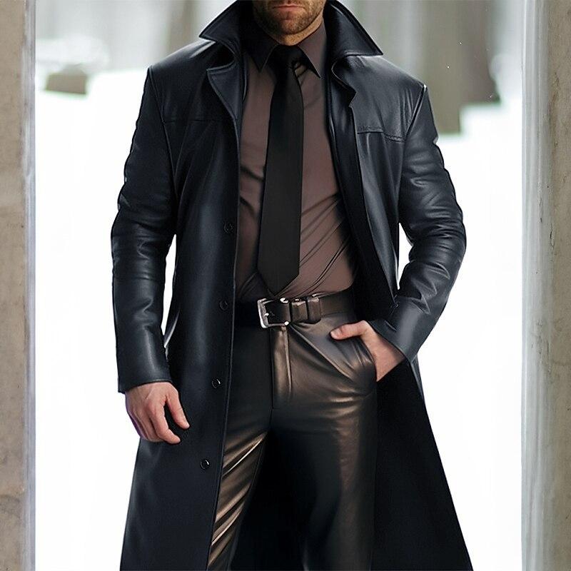 Men's Vintage Solid Color Mid-Length Lapel Leather Coat 9261104431288