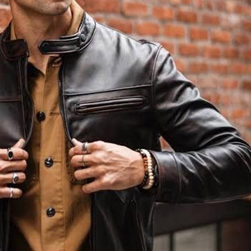Men's Vintage Distressed Zipper Leather Jacket 9886817616056
