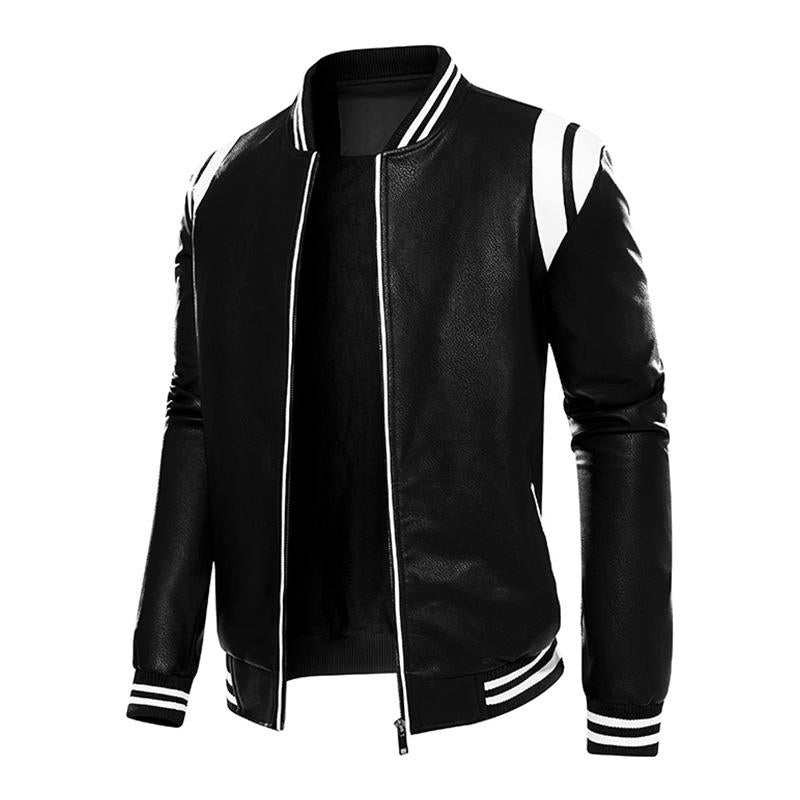 Men's Casual Color Contrasting Plush Leather Baseball Jacket 9261083295928