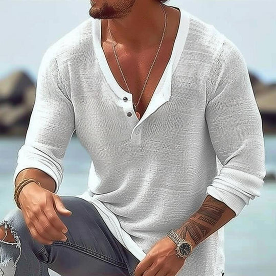 Men's Casual Cotton Linen U Neck Long-Sleeved T-Shirt 9261117407416