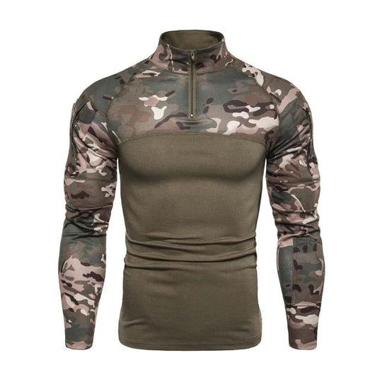 Men's Classic Casual Camouflage Stitching Zipper Stand Collar Long Sleeve T-shirt 9261140934840