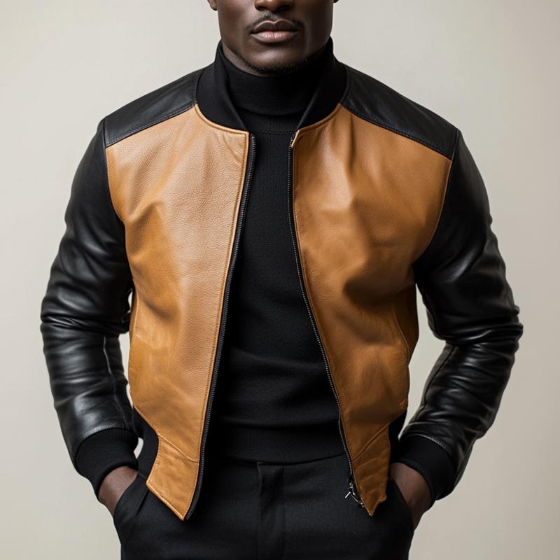 Men's Vintage Leather Panel Zipper Jacket 9885839360184