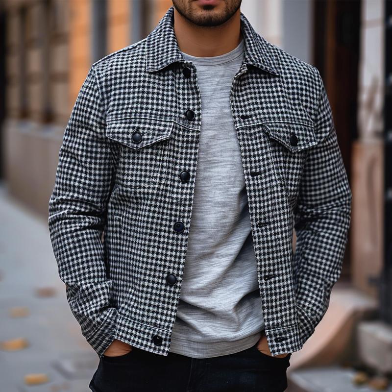 Men's Houndstooth Jacquard Lapel Shirt Jacket 9877642182840