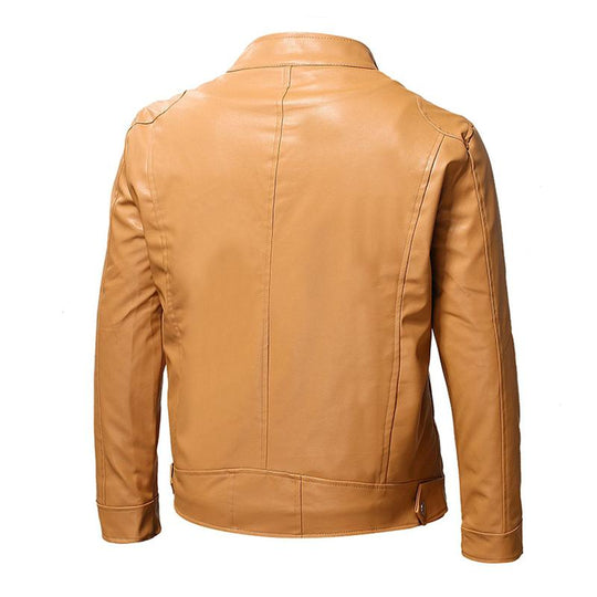 Men's Casual Solid Color Stand Collar Fleece Warm Zipper Leather Jacket 9261086769336