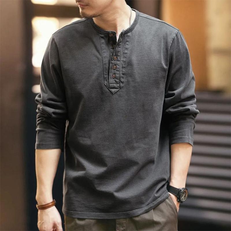 Men's Casual Button Round Neck Long Sleeve Solid Color T-Shirt 9887384043704