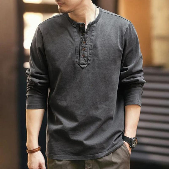 Men's Casual Button Round Neck Long Sleeve Solid Color T-Shirt 9887384043704