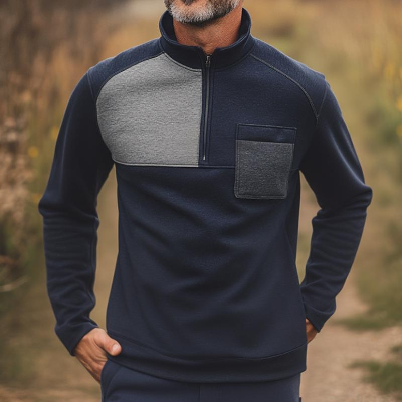 Men's Retro Casual Colorblock Chest Pocket Zipper Sweatshirt 9873134420152