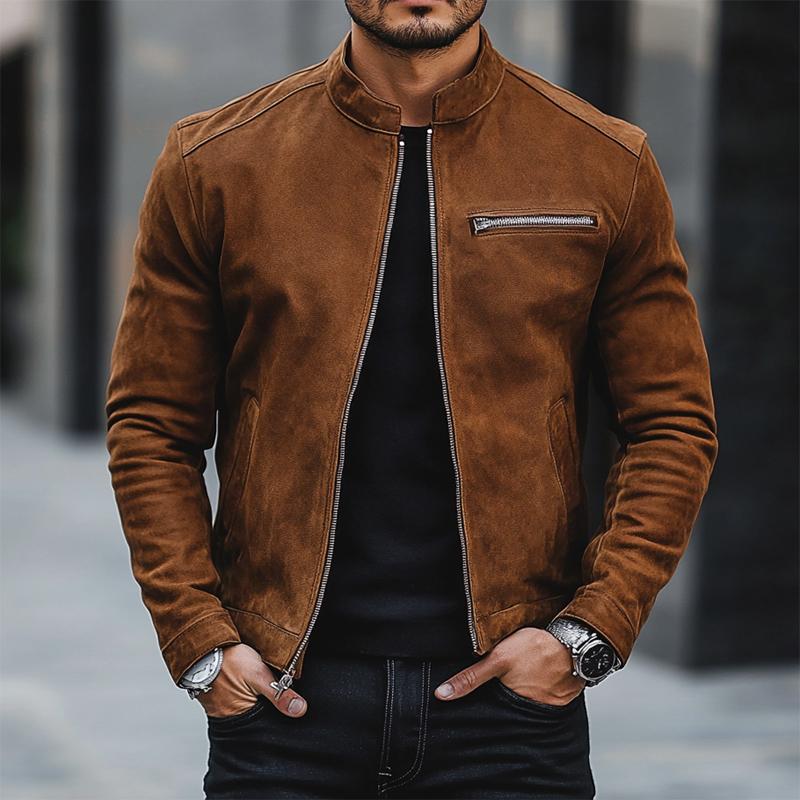 Men's Simple Stand Collar Suede Zip-Up Jacket 9887383978168