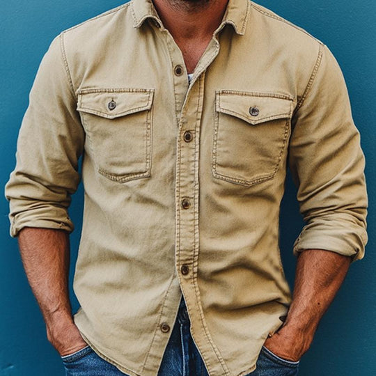 Men's Vintage Washed Denim Long Sleeve Shirt 9885839524024