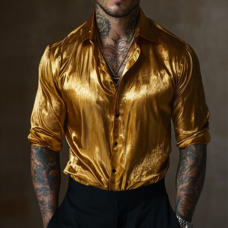 Men's Retro Casual Gold Velvet Lapel Long Sleeve Shirt 9885838770360