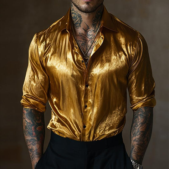 Men's Retro Casual Gold Velvet Lapel Long Sleeve Shirt 9885838770360