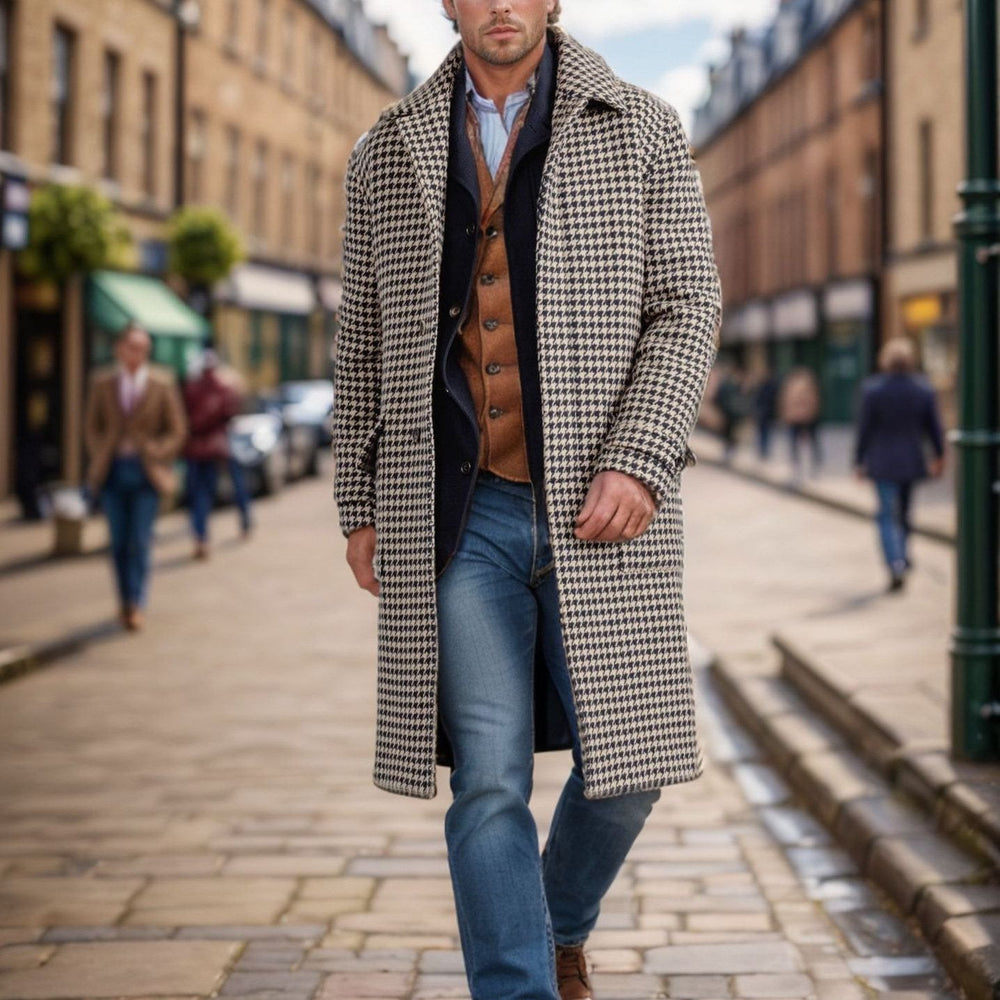 Men's Fashion Houndstooth Lapel Single Breasted Long Coat 9261103382712