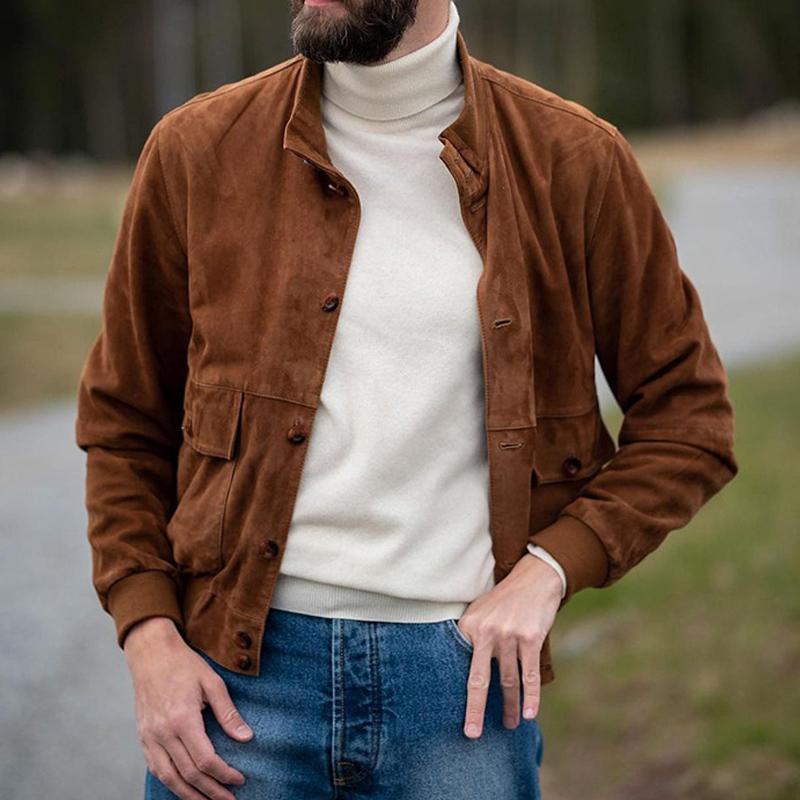 Men's Vintage Stand Collar Suede Button Jacket 9886817878200