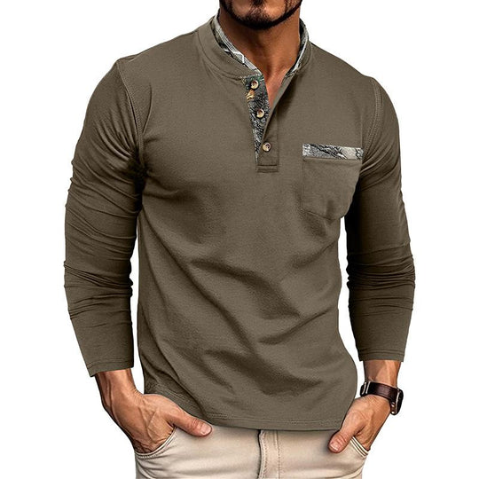 Men's Casual Henley Collar Colorblock Slim Fit Long Sleeve T-Shirt 9261139853496