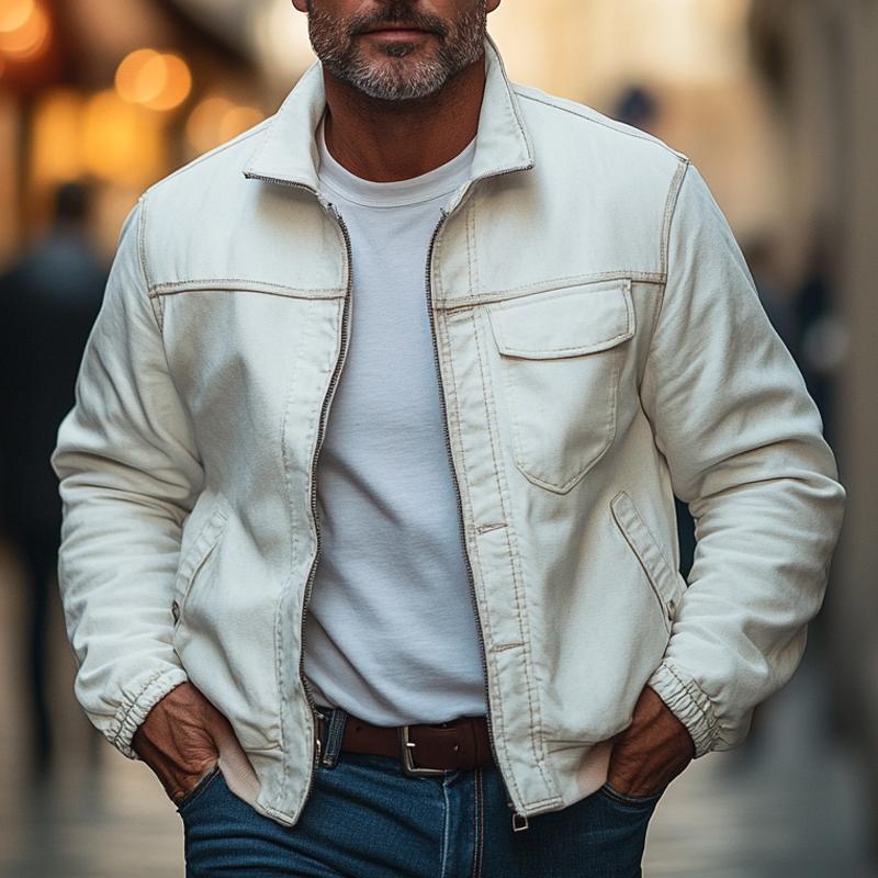 Men's Solid Denim Lapel Zipper Jacket 9879658430648
