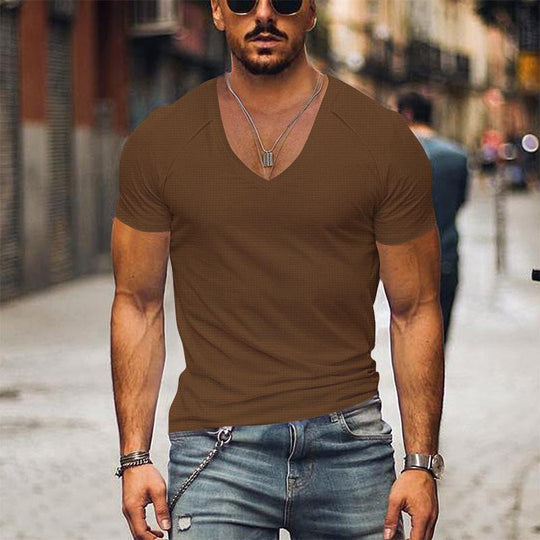 Men's Waffle Solid Color V Neck Solid Color T-Shirt Dtt25081916